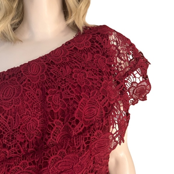 Nanette Lepore Sheath Dress Embroidered All Over Lace Cranberry Red One Shoulder - Picture 6 of 14